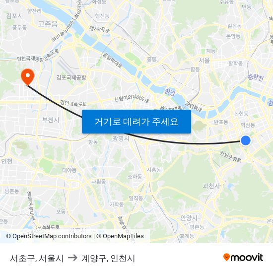 서초구, 서울시 to 계양구, 인천시 map