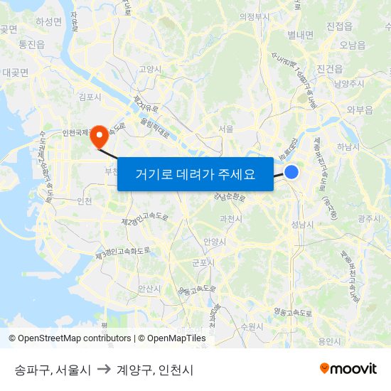 송파구, 서울시 to 계양구, 인천시 map