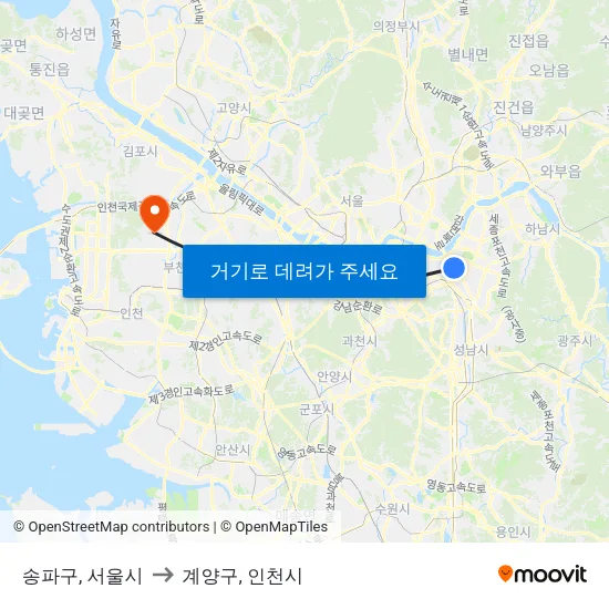 송파구, 서울시 to 계양구, 인천시 map