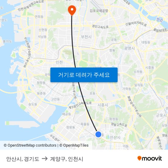 안산시, 경기도 to 계양구, 인천시 map