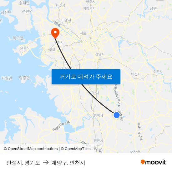 안성시, 경기도 to 계양구, 인천시 map