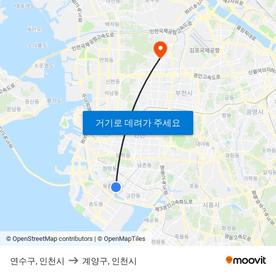 연수구, 인천시 to 계양구, 인천시 map
