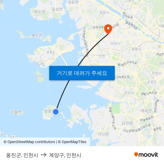 옹진군, 인천시 to 계양구, 인천시 map