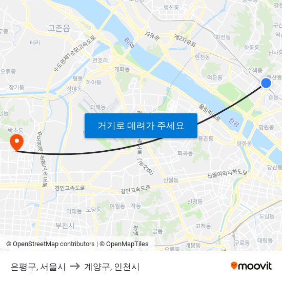 은평구, 서울시 to 계양구, 인천시 map