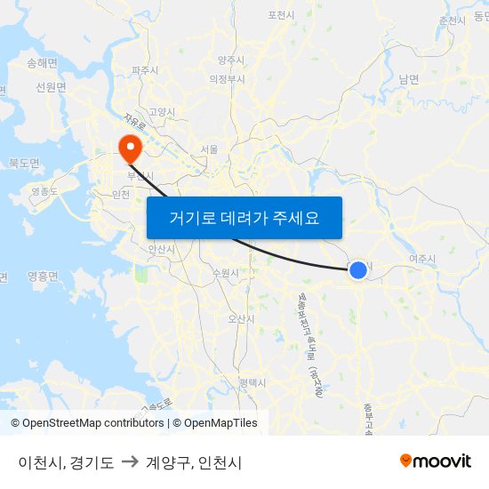 이천시, 경기도 to 계양구, 인천시 map