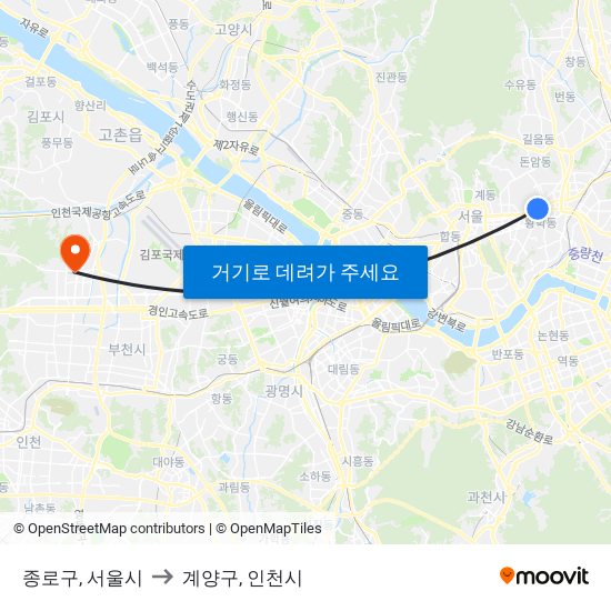 종로구, 서울시 to 계양구, 인천시 map