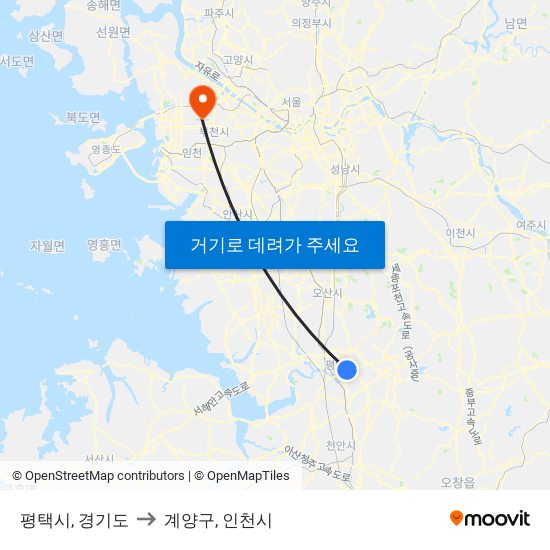 평택시, 경기도 to 계양구, 인천시 map