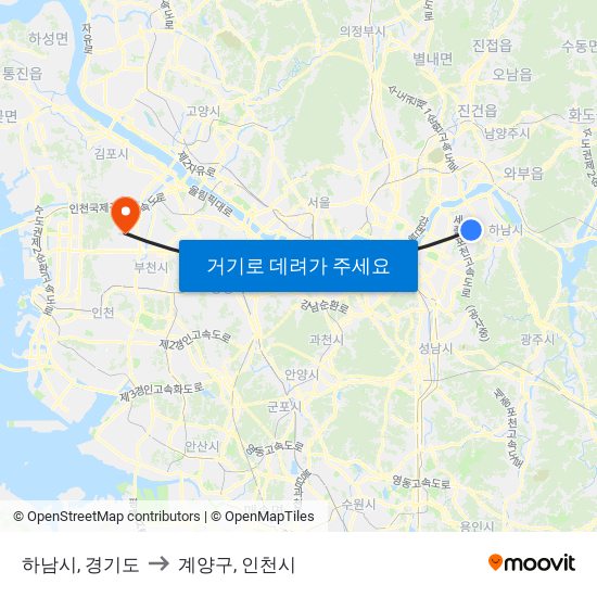 하남시, 경기도 to 계양구, 인천시 map