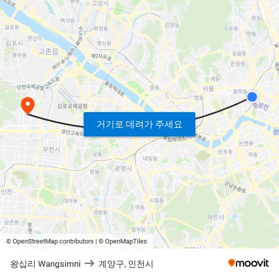 왕십리 Wangsimni to 계양구, 인천시 map