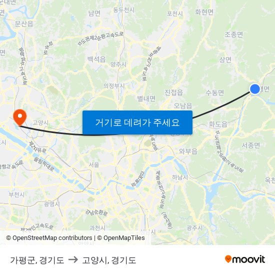 가평군, 경기도 to 고양시, 경기도 map