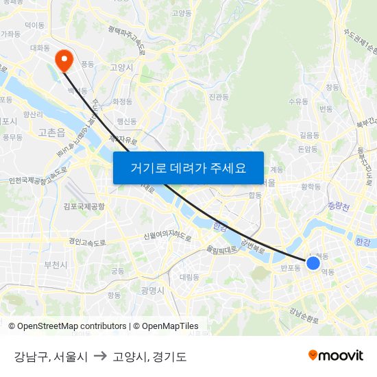 강남구, 서울시 to 고양시, 경기도 map