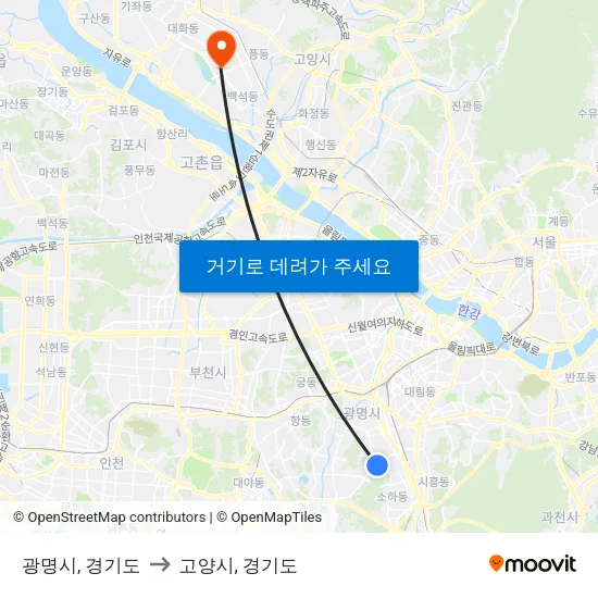 광명시, 경기도 to 고양시, 경기도 map