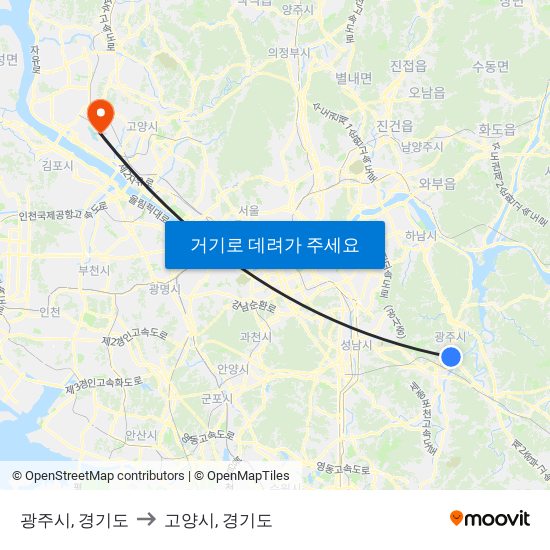 광주시, 경기도 to 고양시, 경기도 map