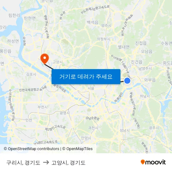 구리시, 경기도 to 고양시, 경기도 map