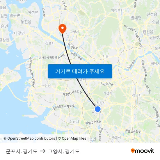 군포시, 경기도 to 고양시, 경기도 map