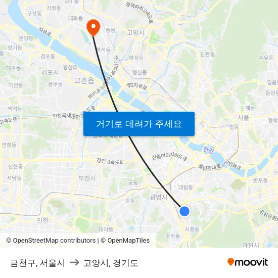 금천구, 서울시 to 고양시, 경기도 map