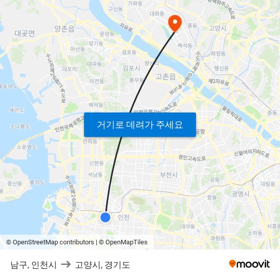 남구, 인천시 to 고양시, 경기도 map