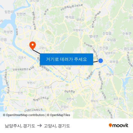 남양주시, 경기도 to 고양시, 경기도 map