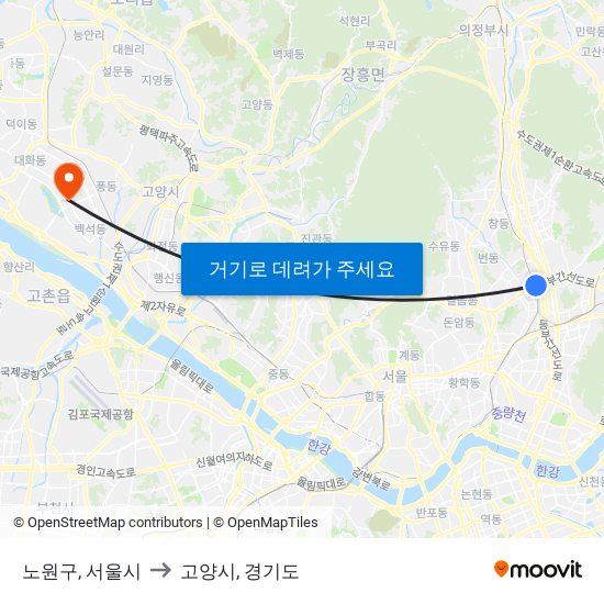 노원구, 서울시 to 고양시, 경기도 map