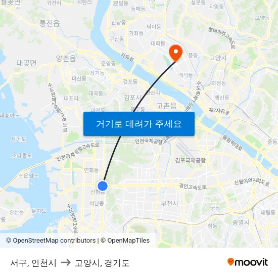 서구, 인천시 to 고양시, 경기도 map