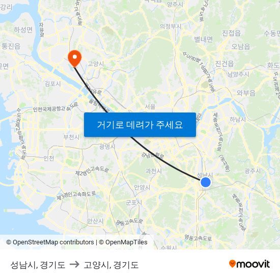 성남시, 경기도 to 고양시, 경기도 map