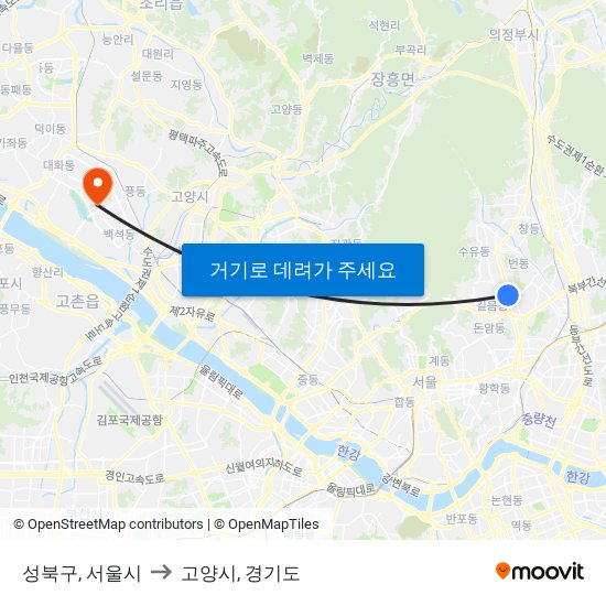 성북구, 서울시 to 고양시, 경기도 map