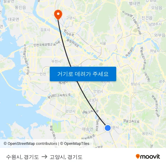 수원시, 경기도 to 고양시, 경기도 map