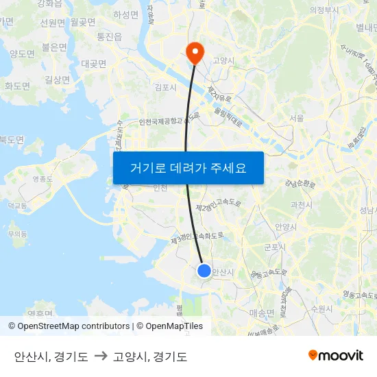 안산시, 경기도 to 고양시, 경기도 map