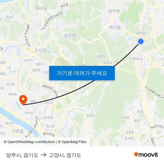 양주시, 경기도 to 고양시, 경기도 map