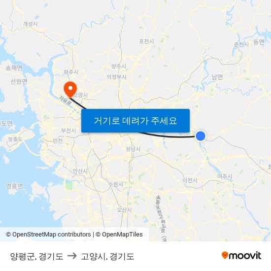 양평군, 경기도 to 고양시, 경기도 map