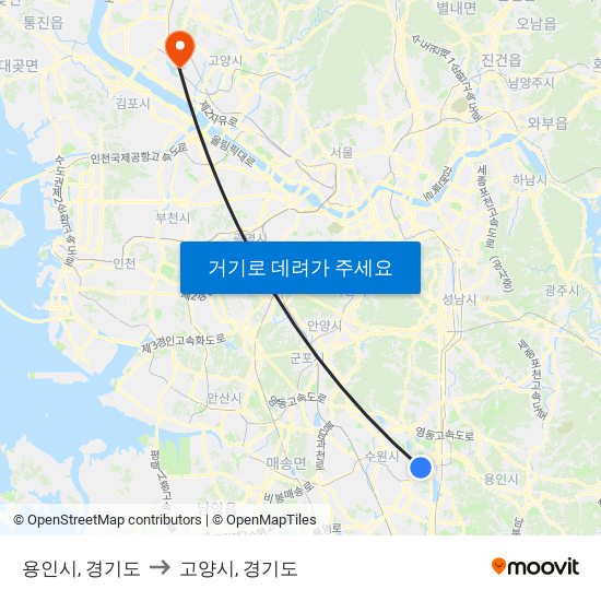 용인시, 경기도 to 고양시, 경기도 map