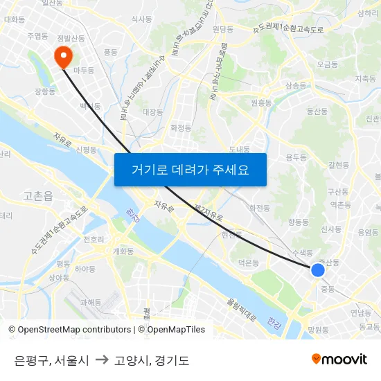 은평구, 서울시 to 고양시, 경기도 map