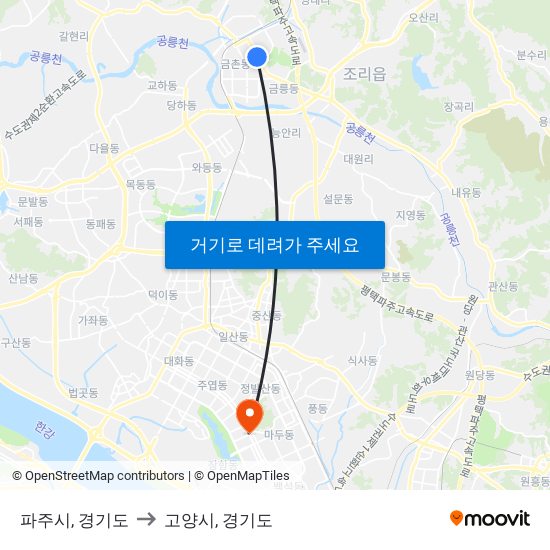 파주시, 경기도 to 고양시, 경기도 map