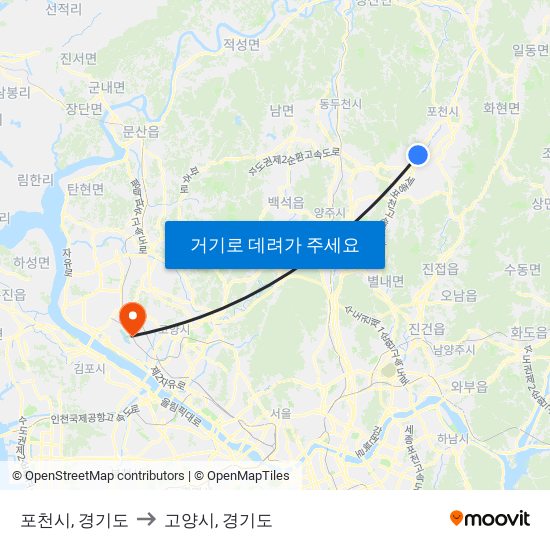 포천시, 경기도 to 고양시, 경기도 map