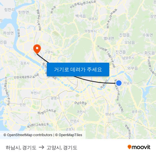 하남시, 경기도 to 고양시, 경기도 map