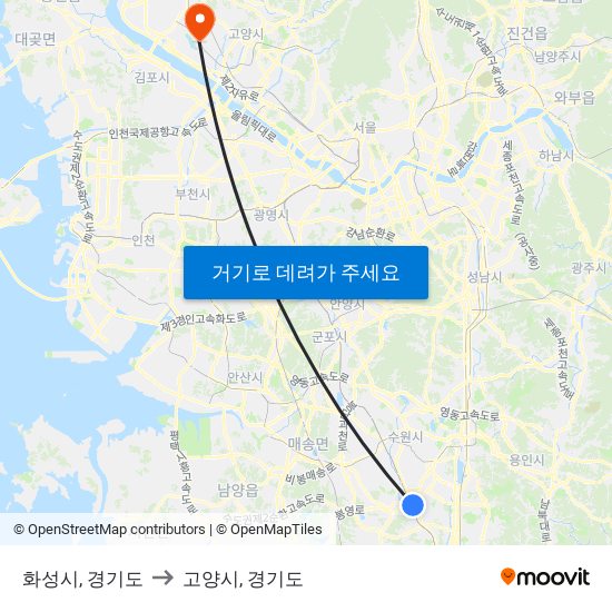 화성시, 경기도 to 고양시, 경기도 map