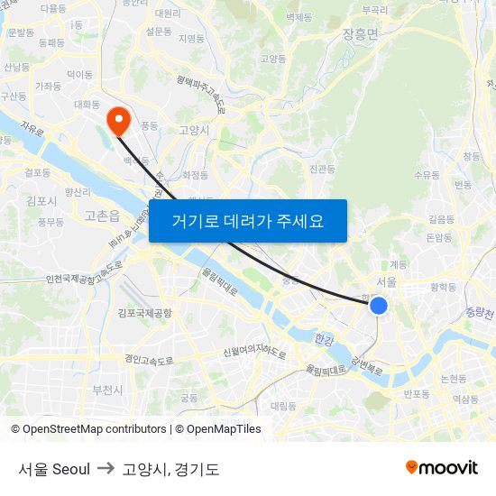 서울 Seoul to 고양시, 경기도 map