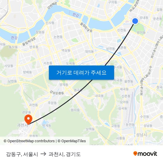 강동구, 서울시 to 과천시, 경기도 map