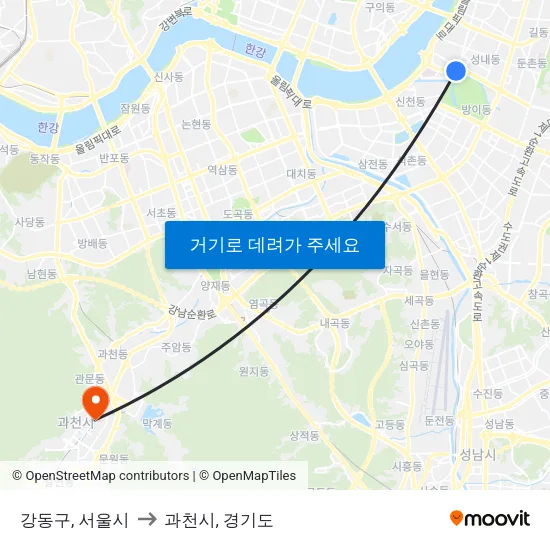 강동구, 서울시 to 과천시, 경기도 map