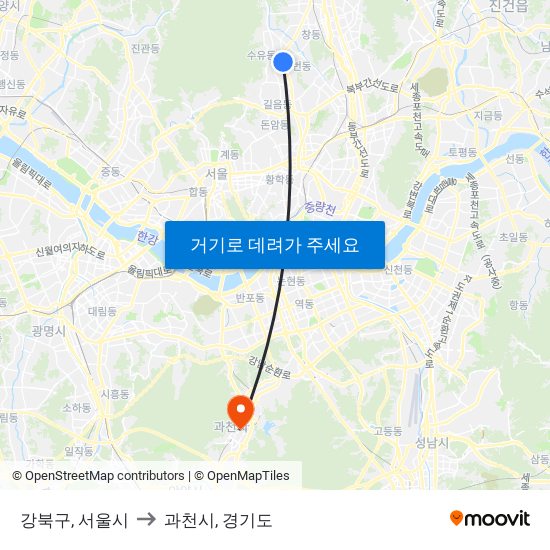 강북구, 서울시 to 과천시, 경기도 map