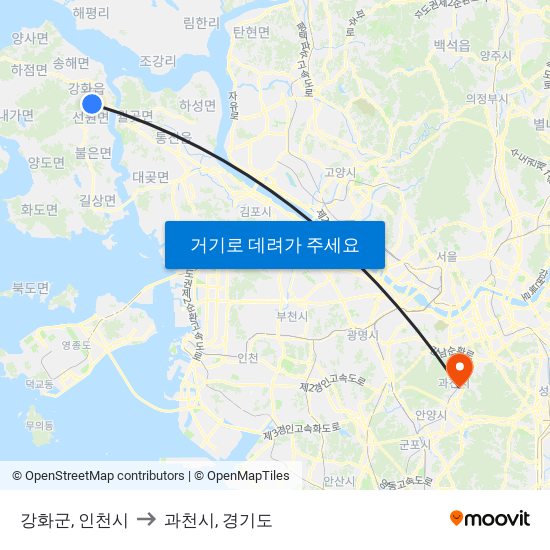 강화군, 인천시 to 과천시, 경기도 map