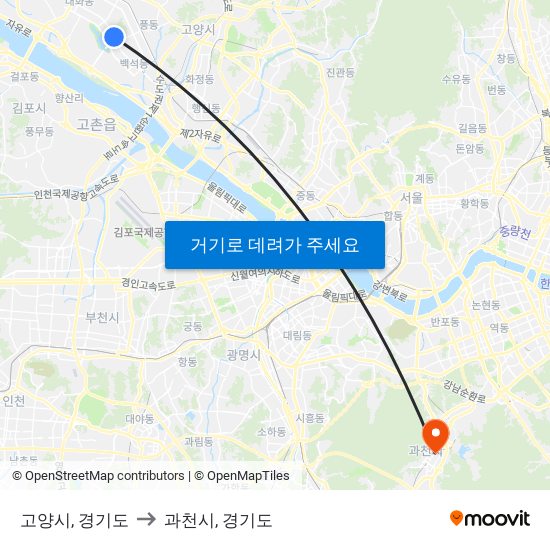 고양시, 경기도 to 과천시, 경기도 map