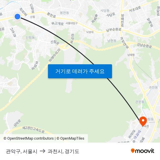 관악구, 서울시 to 과천시, 경기도 map