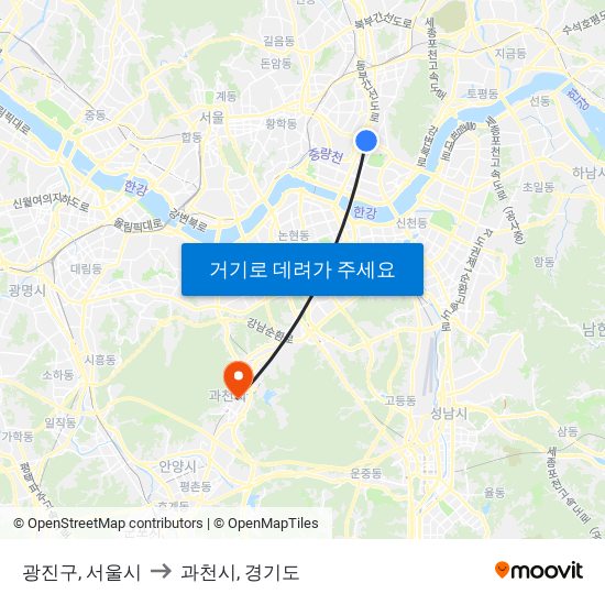 광진구, 서울시 to 과천시, 경기도 map