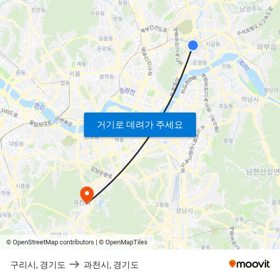 구리시, 경기도 to 과천시, 경기도 map