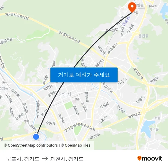 군포시, 경기도 to 과천시, 경기도 map