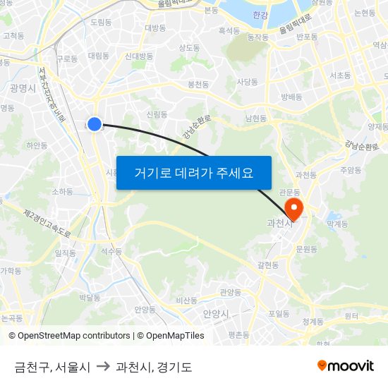 금천구, 서울시 to 과천시, 경기도 map