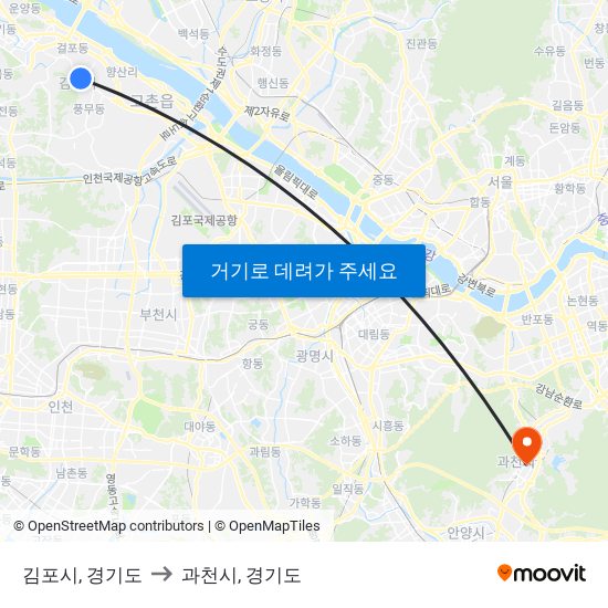 김포시, 경기도 to 과천시, 경기도 map