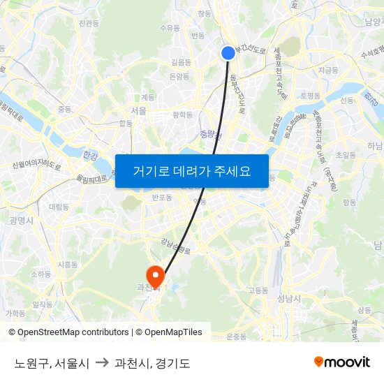 노원구, 서울시 to 과천시, 경기도 map