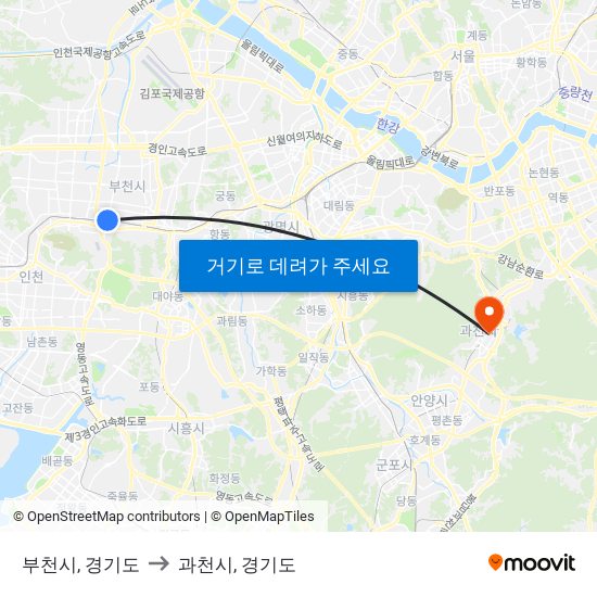 부천시, 경기도 to 과천시, 경기도 map